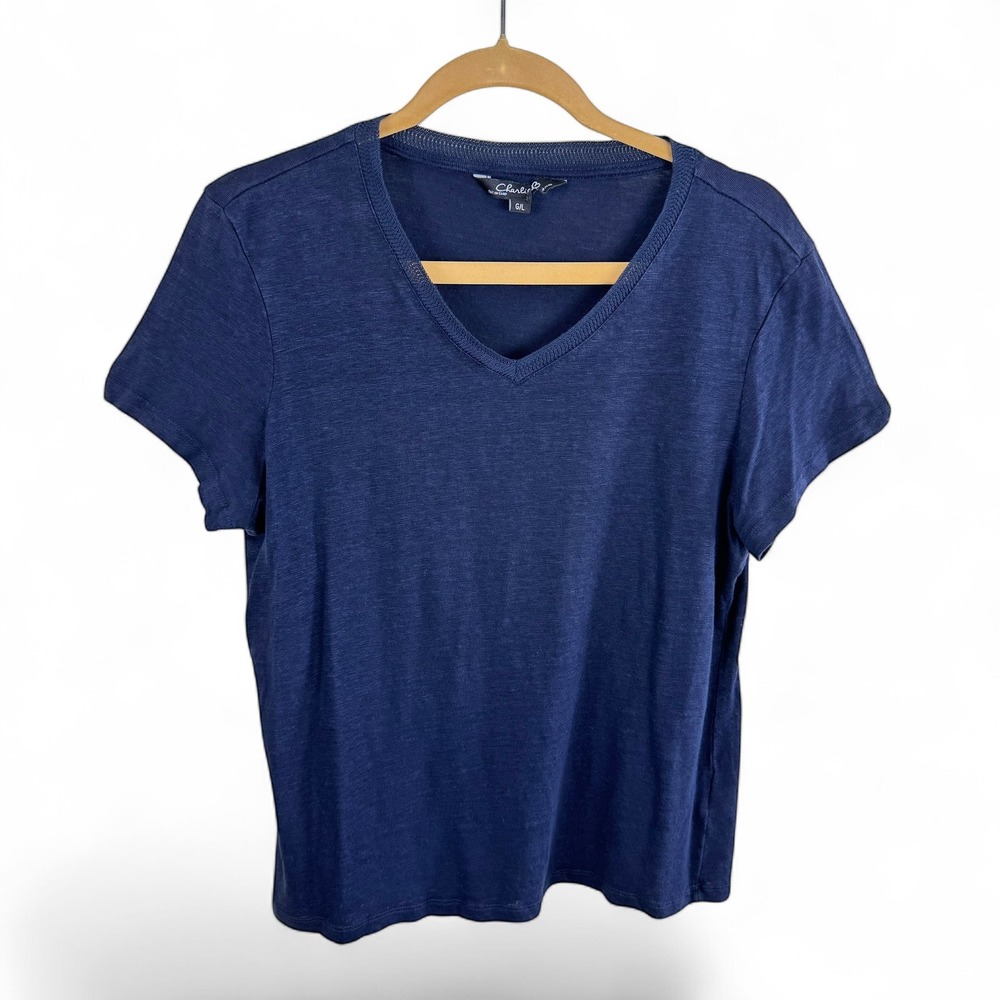 Charlie B Womens Navy Blue 100% Linen V-Neck Short Sleeve T-Shirt C1231X-772A L